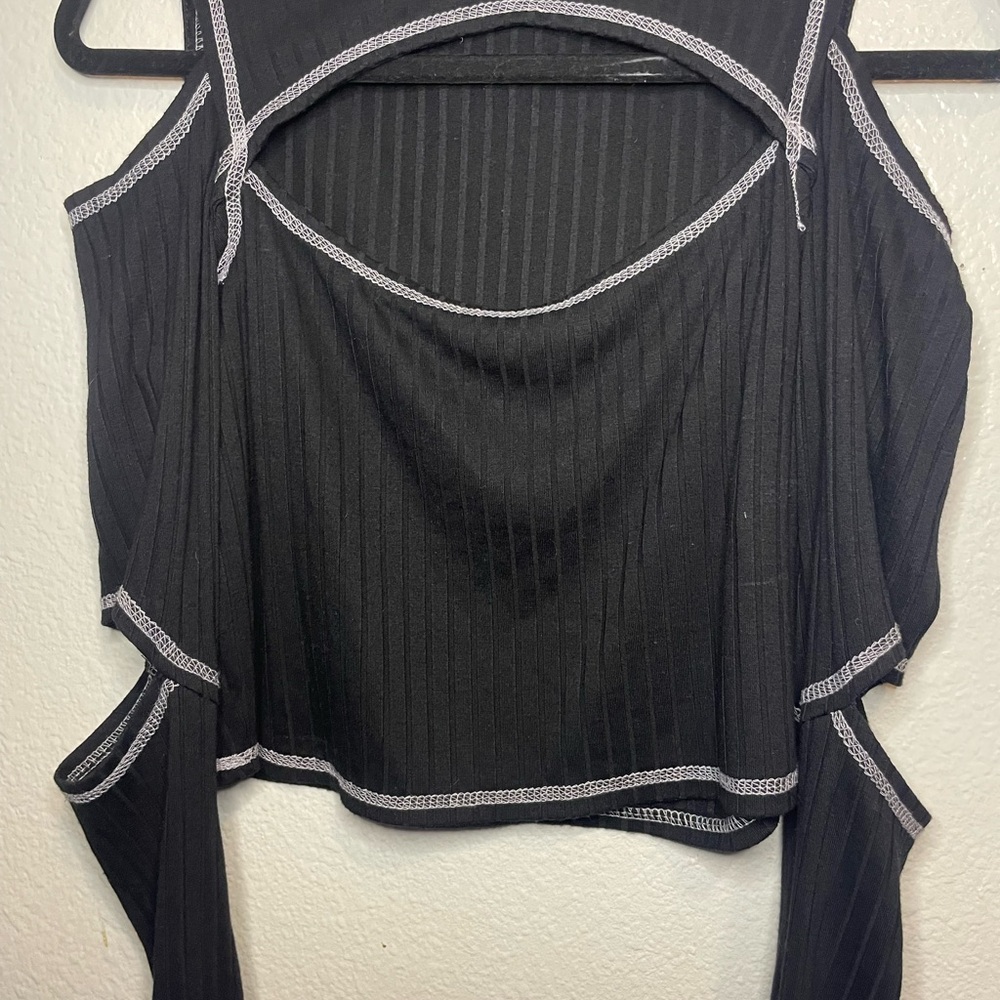 Black Asymmetrical Ribbed Tank Top with Cutout